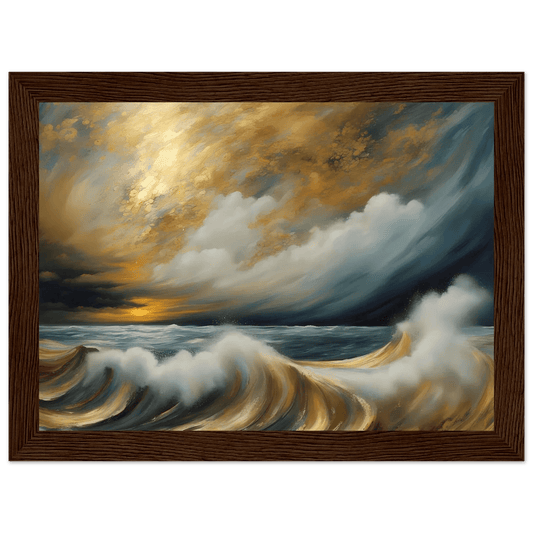Framed seascape wall art with storm clouds over crashing golden and dark waves