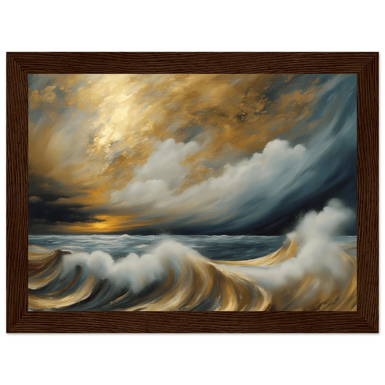 Framed seascape wall art with storm clouds over crashing golden and dark waves