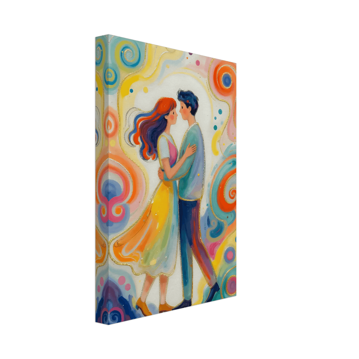 Romantic couple canvas print with colorful swirls, woman in yellow dress embracing man