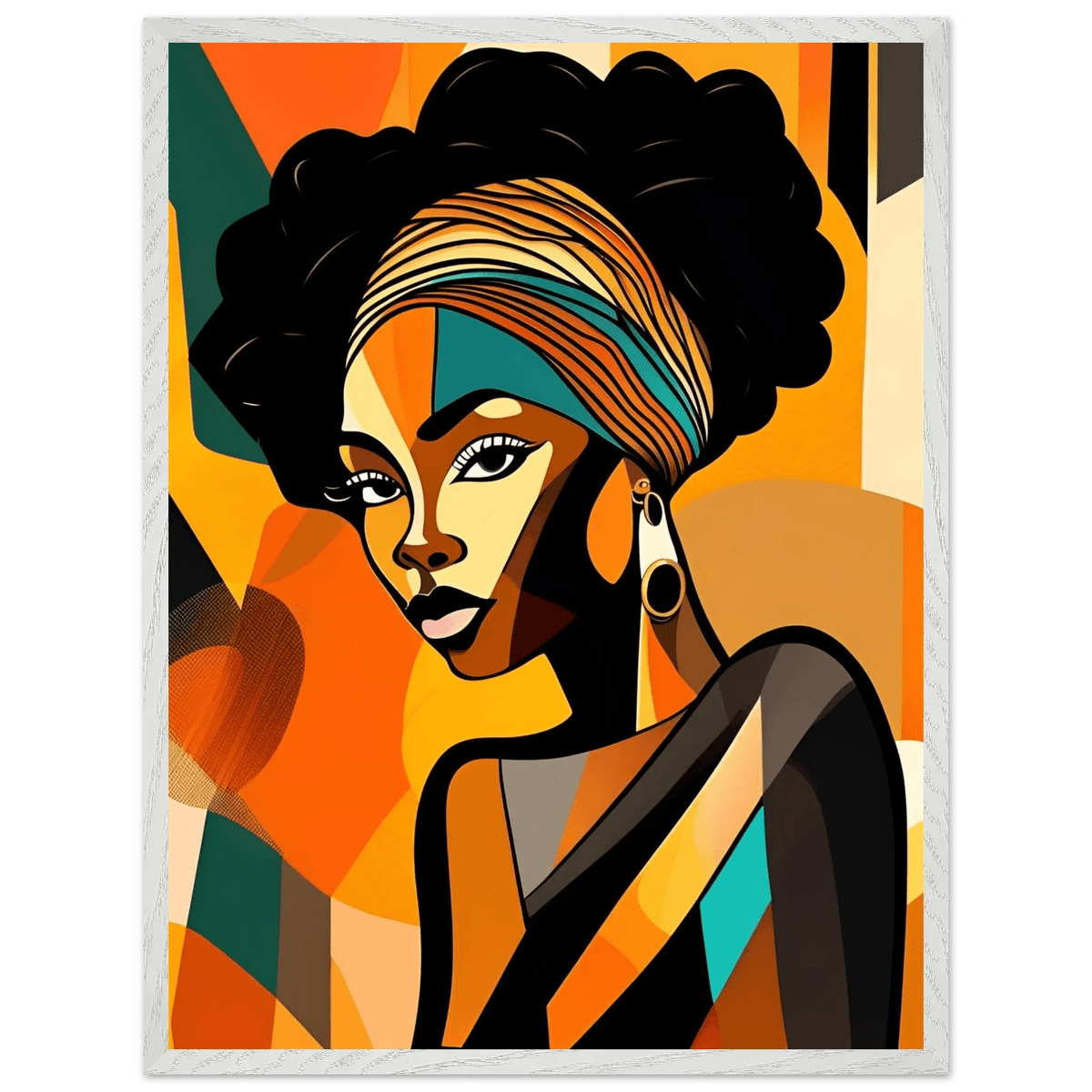 White-framed pop-art portrait of woman with striped headwrap and hoop earrings