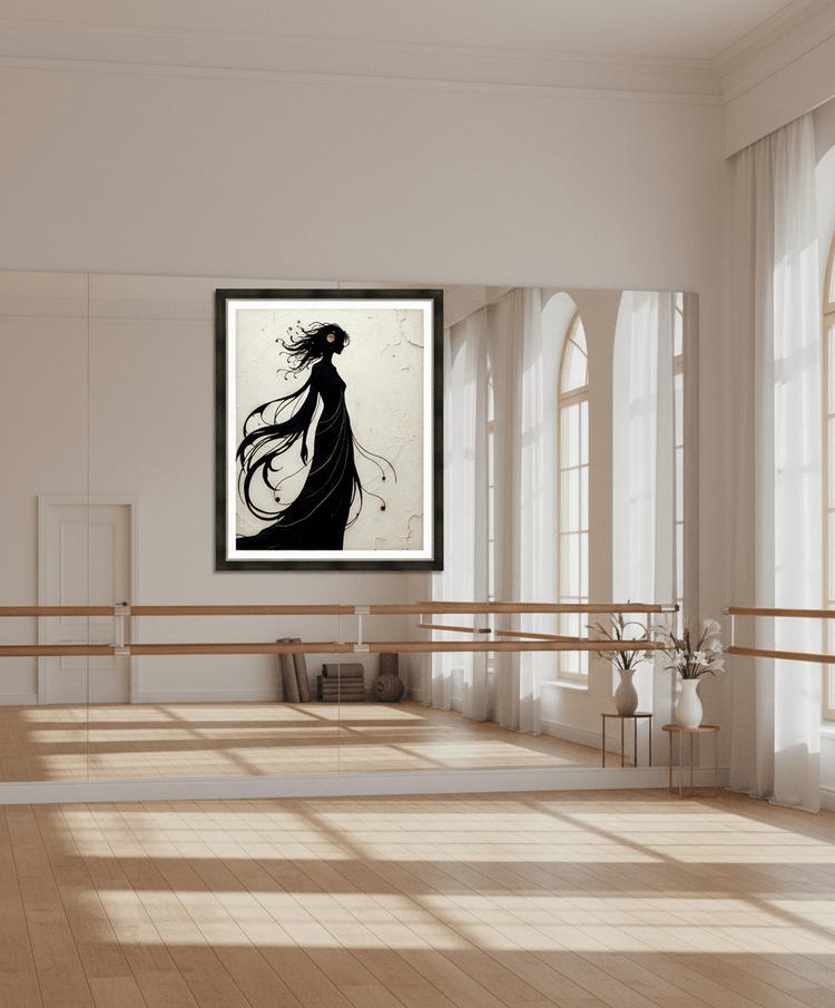 Framed stylized woman silhouette with flowing hair in black on off-white print