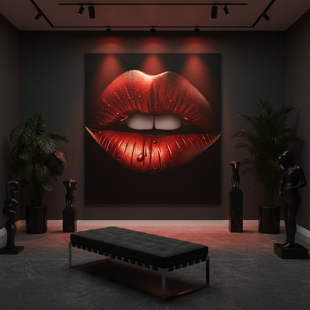 Framed red metallic lips artwork on a dark square, glittery texture and curved lip shape