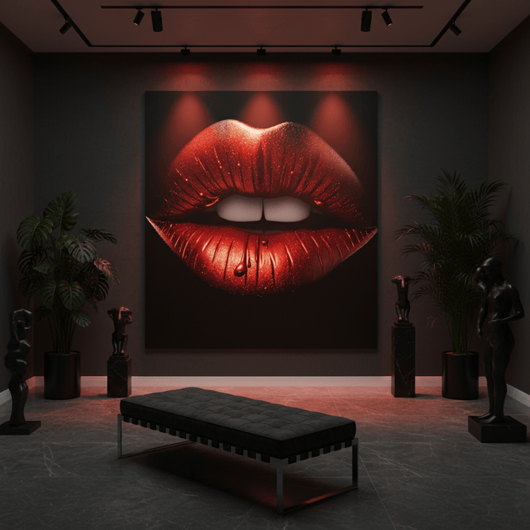 Framed red metallic lips artwork on a dark square, glittery texture and curved lip shape