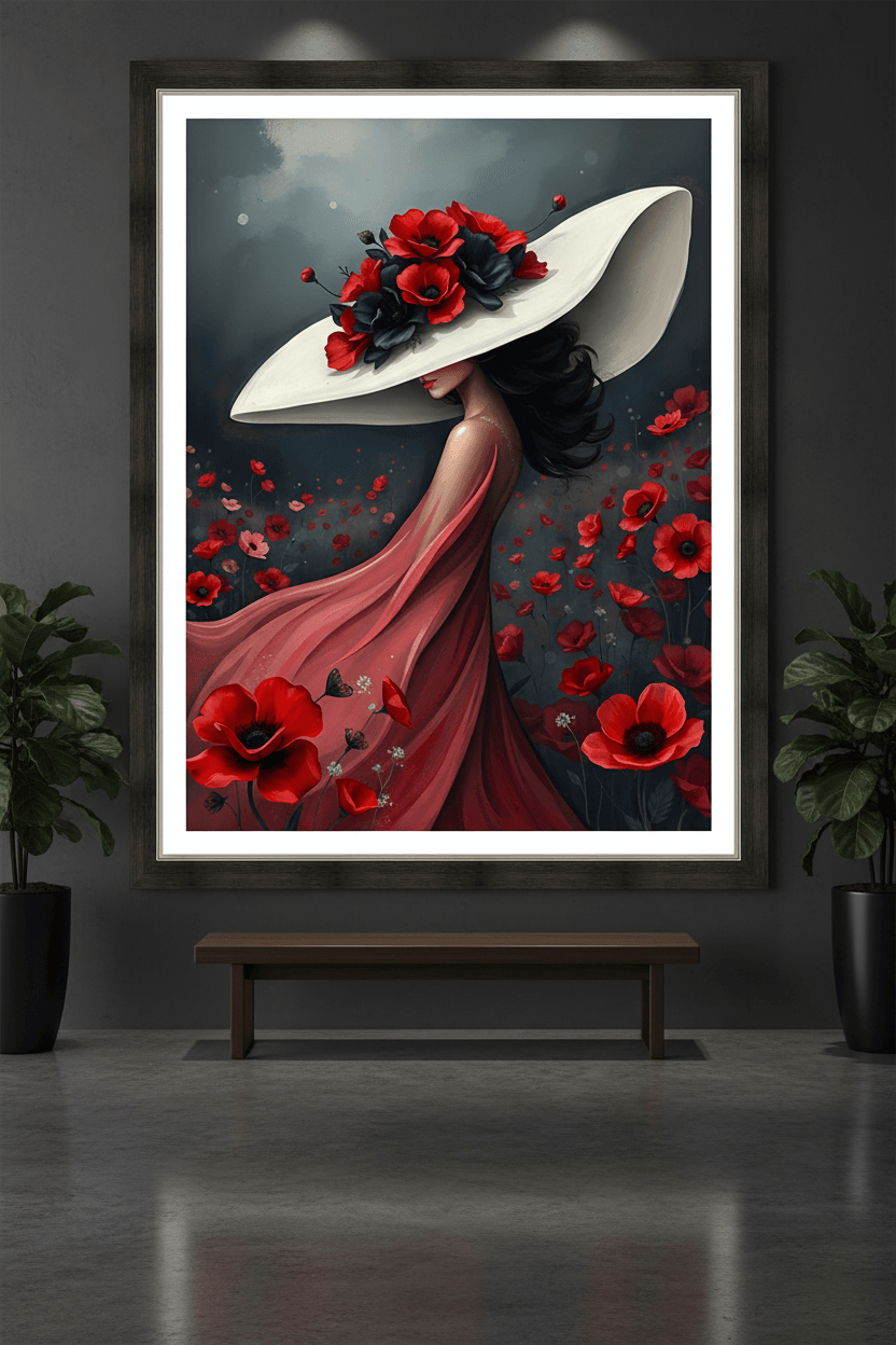 Framed wall art of a woman in a white hat with red poppy flowers and a flowing red gown