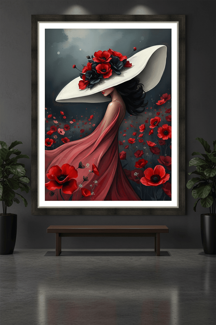 Framed wall art of a woman in a white hat with red poppy flowers and a flowing red gown