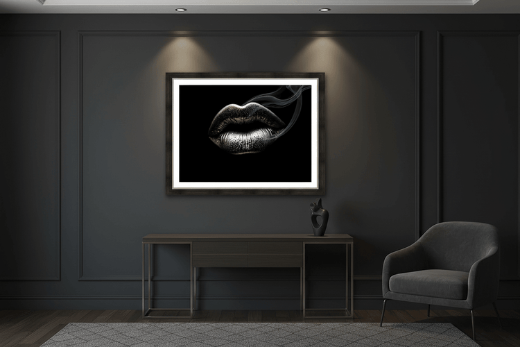 Framed metallic silver lips art with smoke curl, centered composition