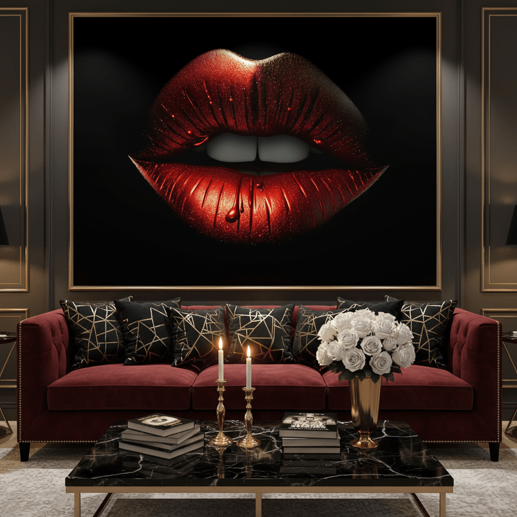 Large framed red metallic lips artwork on black, glitter finish and defined lip creases