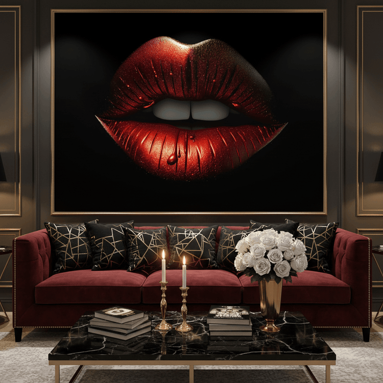 Large framed red metallic lips artwork on black, glitter finish and defined lip creases