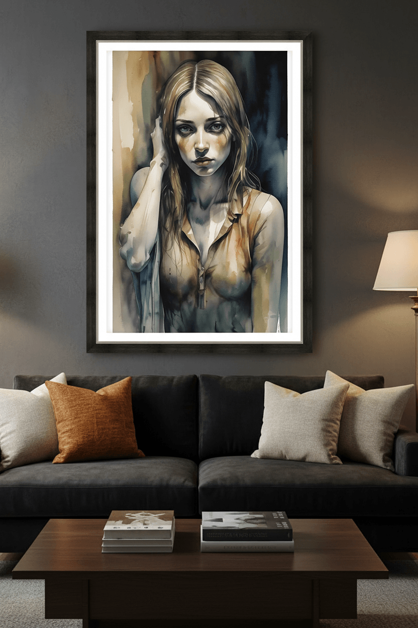 Framed watercolor portrait print of a woman with hand near ear, neutral tones