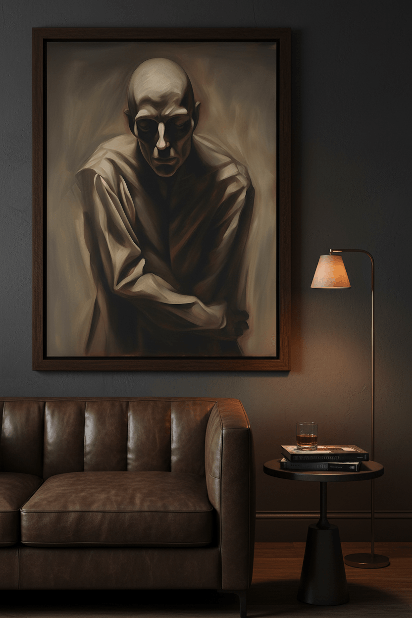 Framed monochrome skull portrait artwork, robed figure with one arm resting