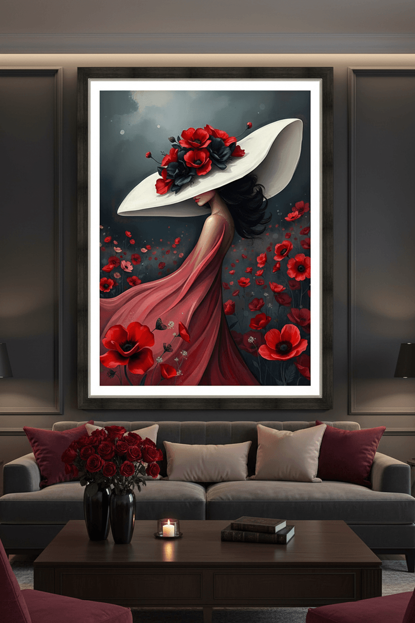 Framed vertical art print: woman in white hat with red poppy flowers and flowing red gown