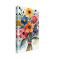 Abstract floral bouquet canvas, angled view with colorful blue, orange, pink, and yellow flowers