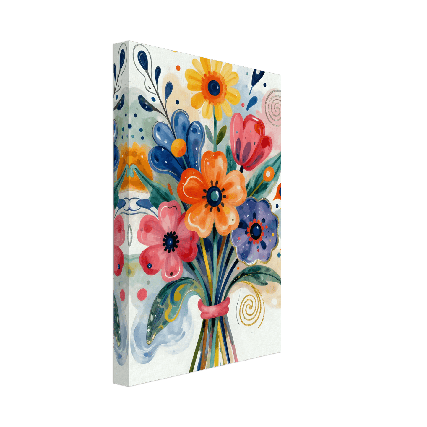 Abstract floral bouquet canvas, angled view with colorful blue, orange, pink, and yellow flowers