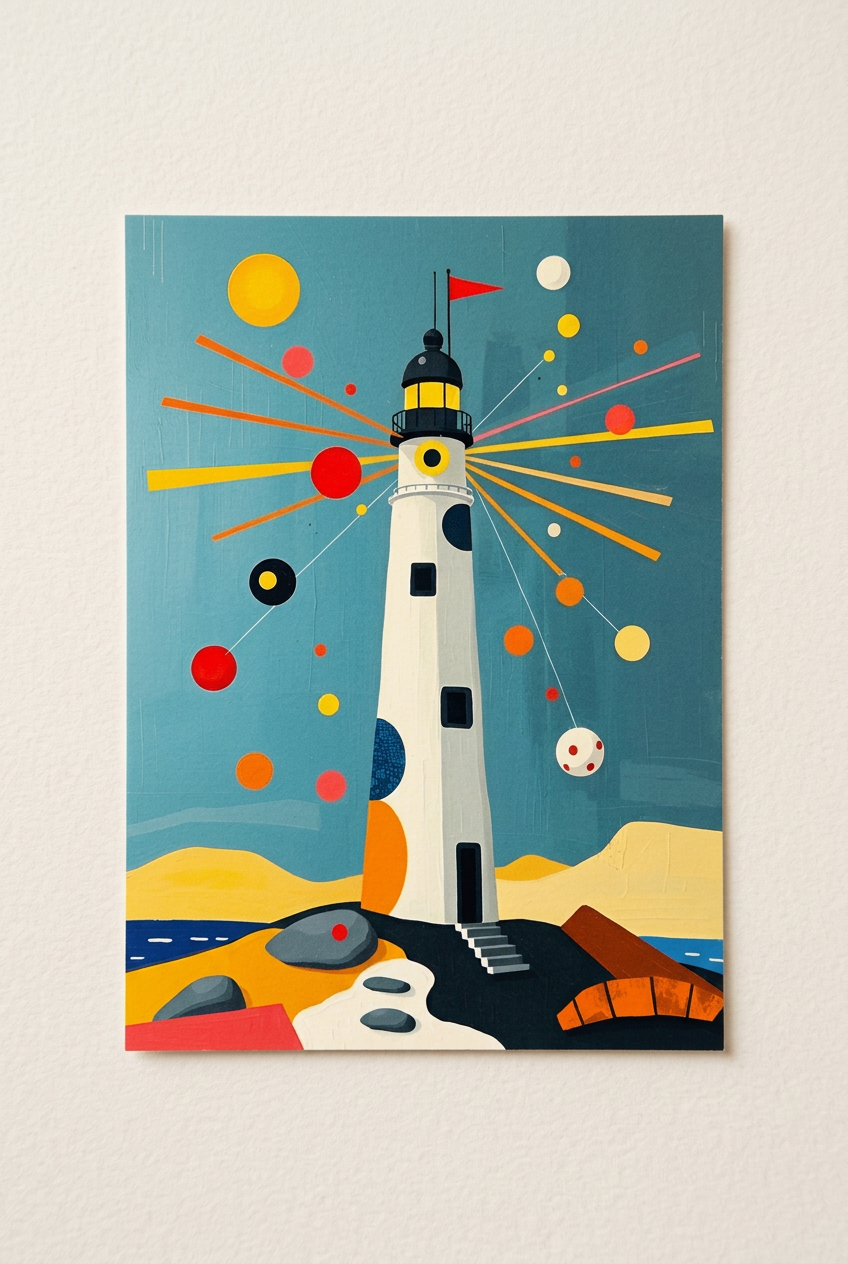 Geometric lighthouse art postcard, lighthouse with red flag, colorful rays and dot accents