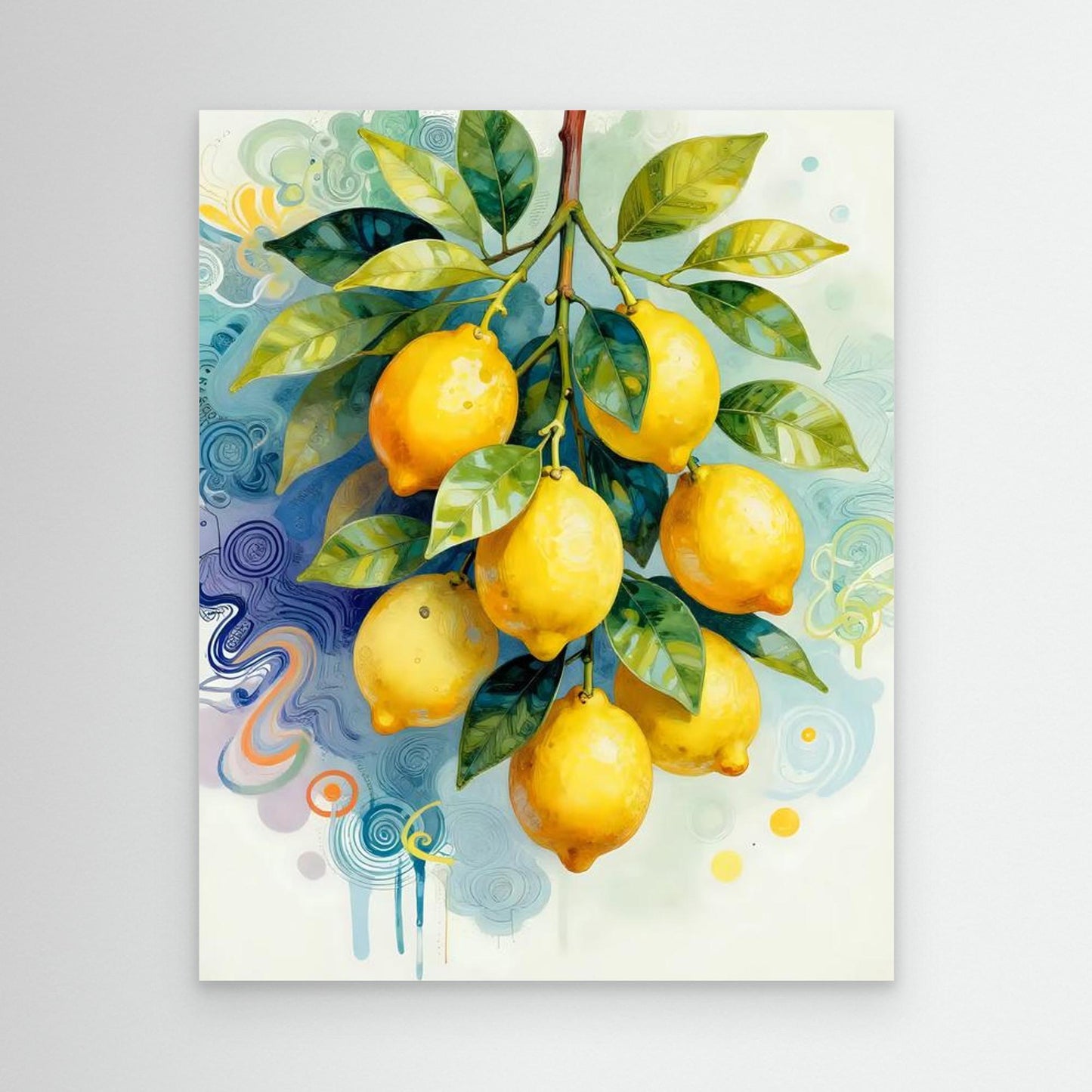 Lemon branch wall art with yellow lemons and green leaves in a white-bordered print