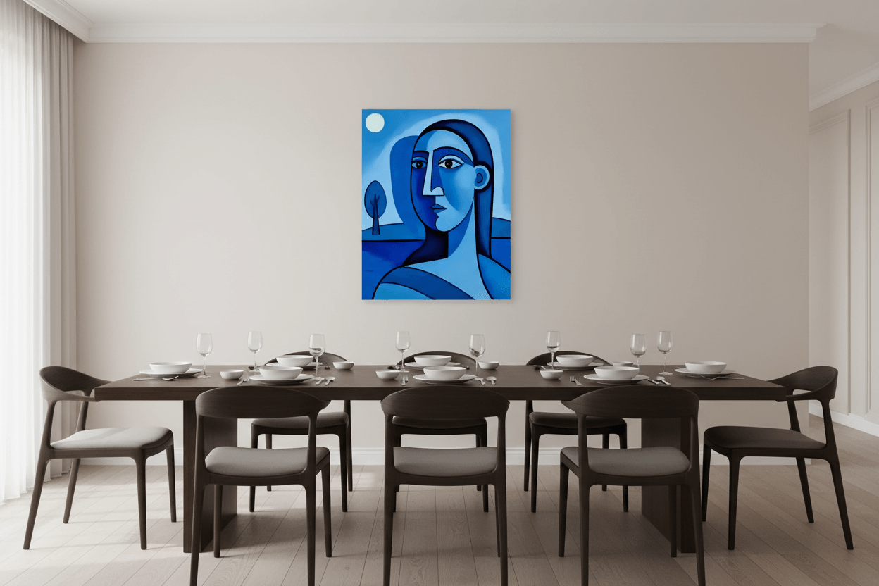 Blue abstract portrait wall art with dark frame, shown above a dining table setting.