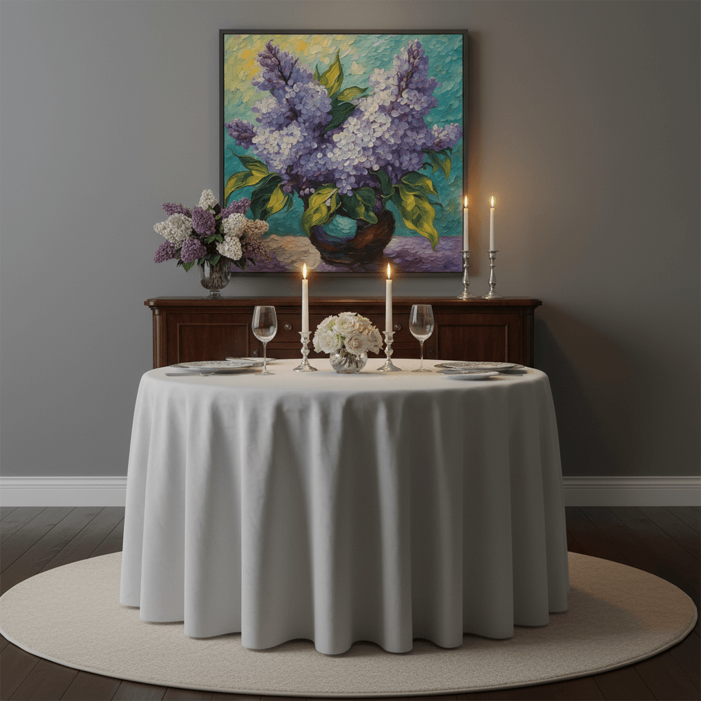 Framed lilac flower painting with purple blooms, green leaves, and dark frame