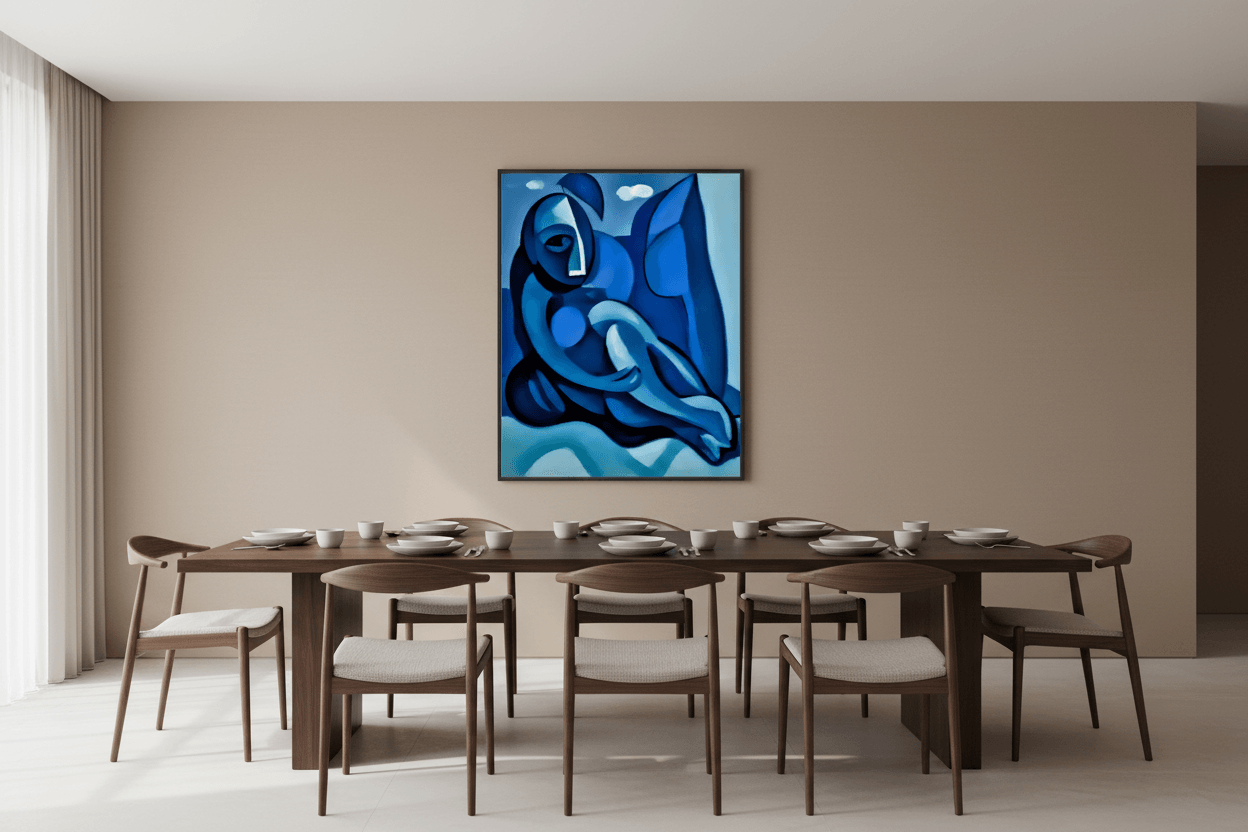 Abstract blue figure painting in a dark frame above a long table, reclining pose.