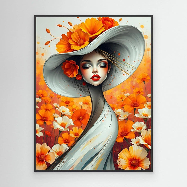 Black-framed floral portrait of a woman in a light blue dress with an orange flower headpiece