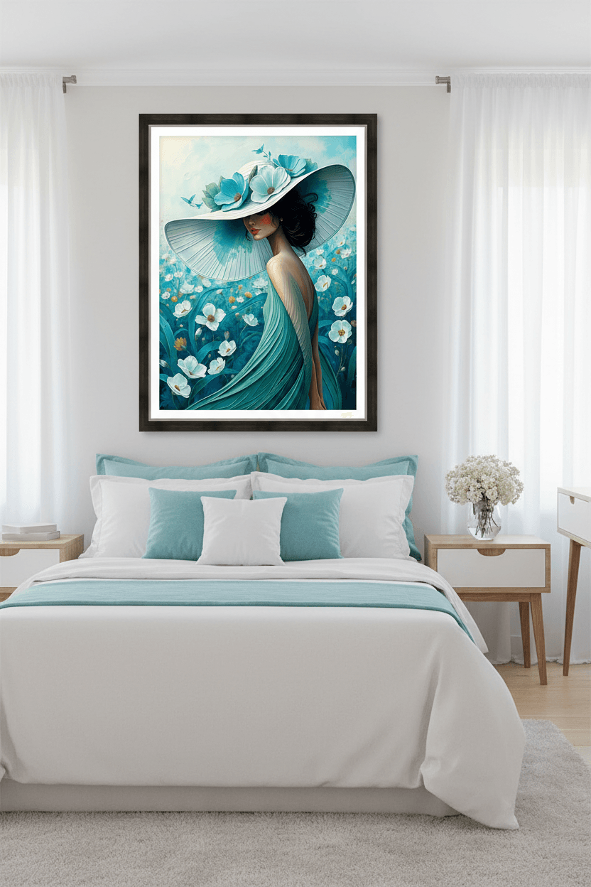 Framed floral portrait print of a woman in turquoise with a wide white hat among blue blossoms.