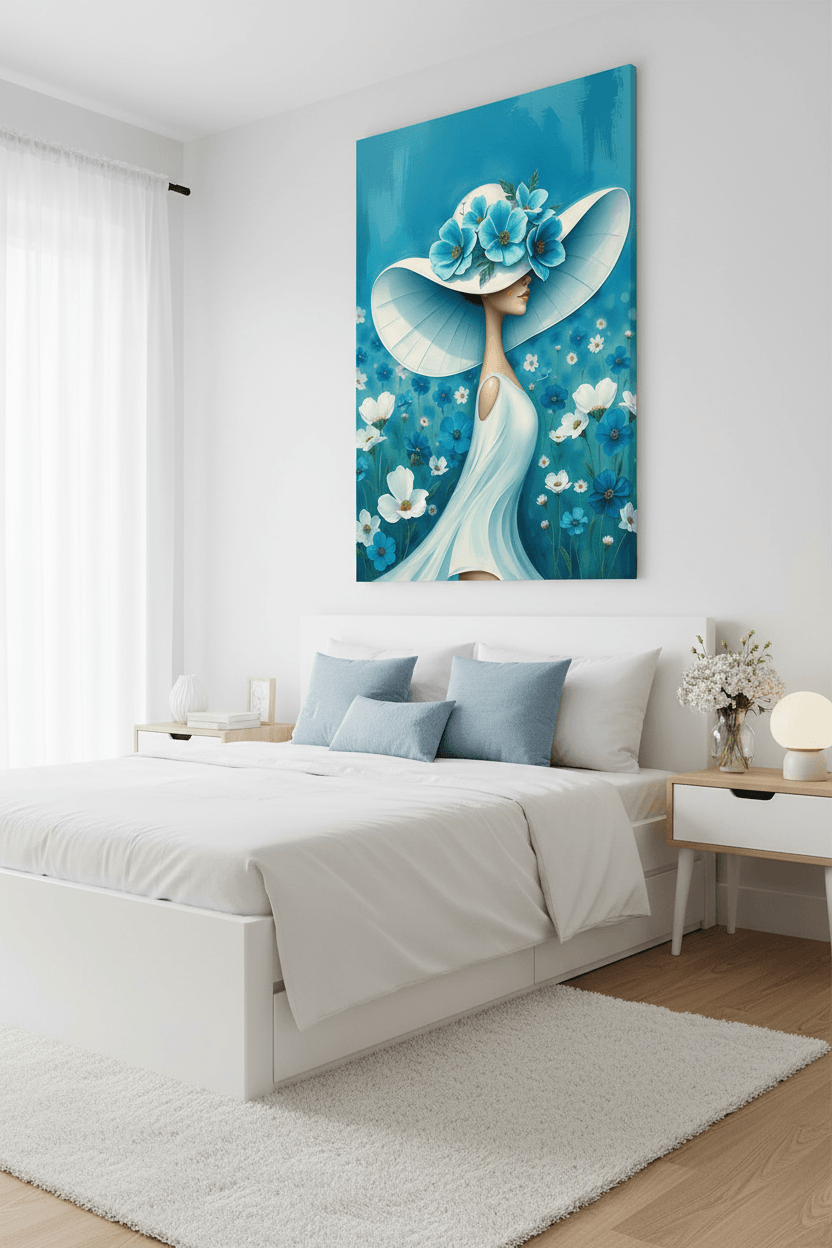 Vertical framed floral portrait of a woman in white dress with blue flower hat
