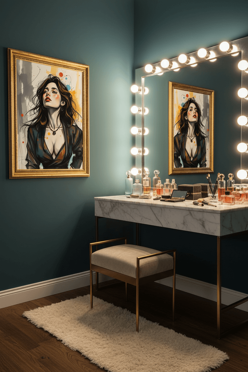 Gold-framed portrait artwork of a woman with dark hair, red lips, black blazer.