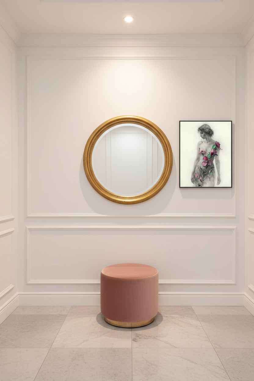 Small black-framed floral body art portrait of a woman with pink and green flowers