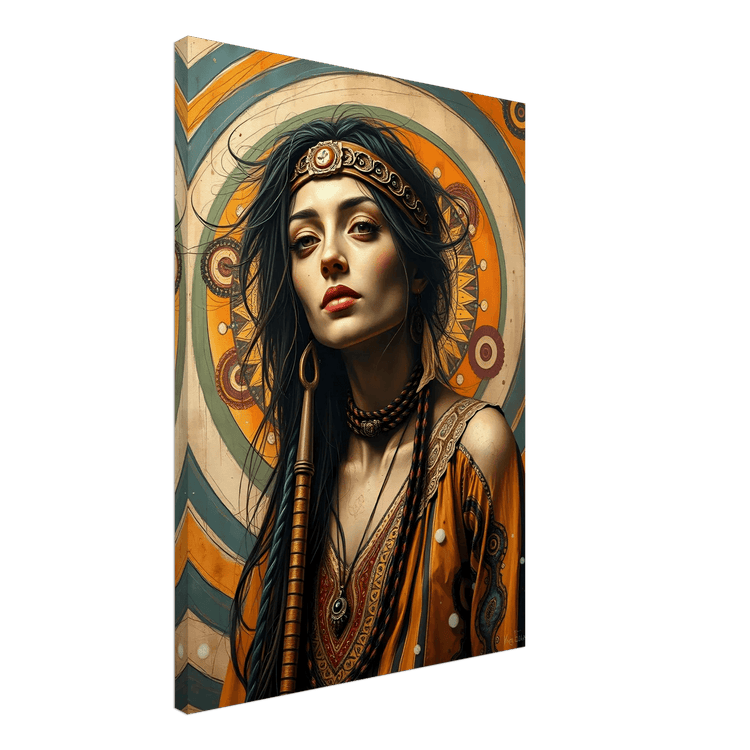 Framed portrait of regal woman with long dark hair, golden headband, and patterned drapery