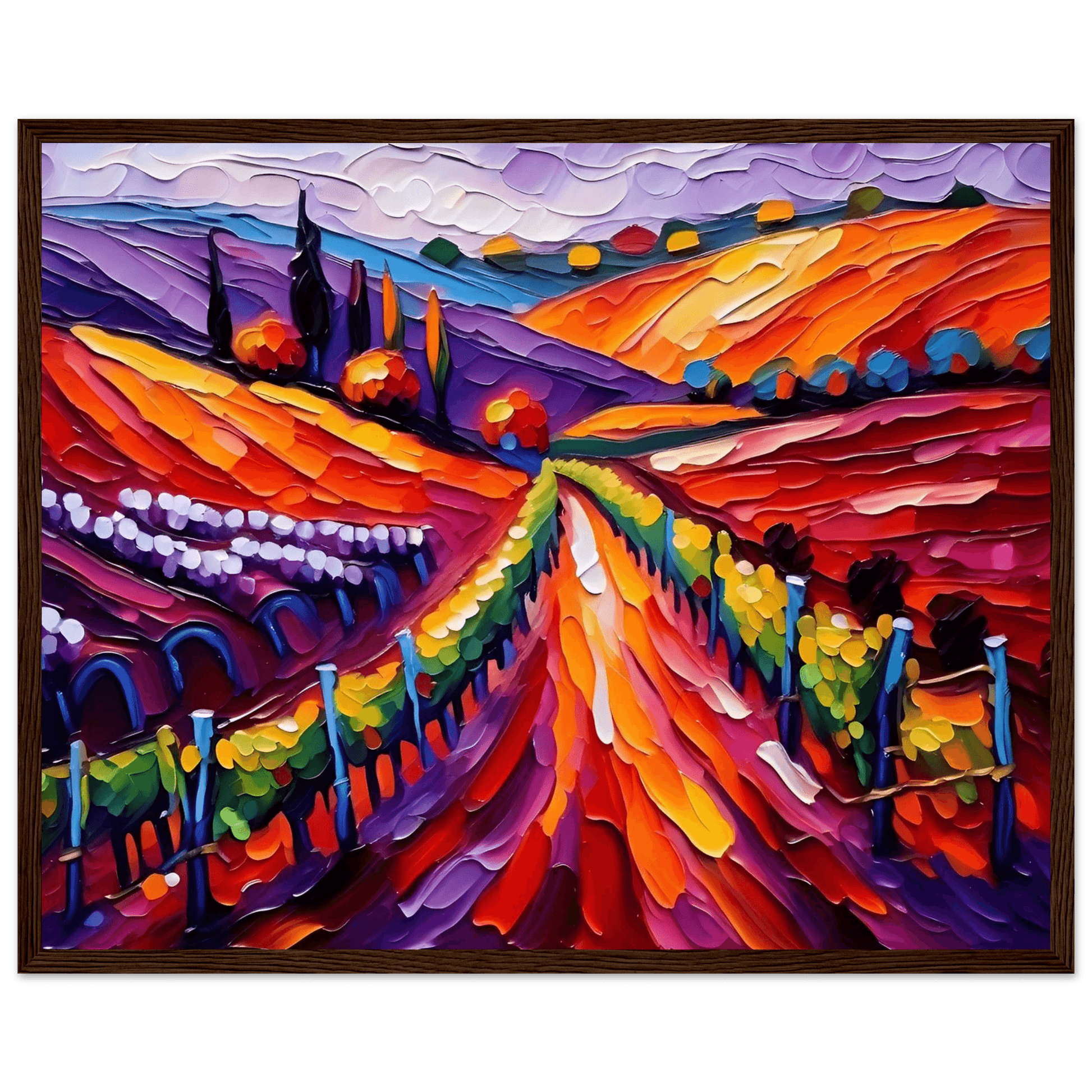 Framed textured vineyard landscape art with purple-orange-red hills and rolling rows