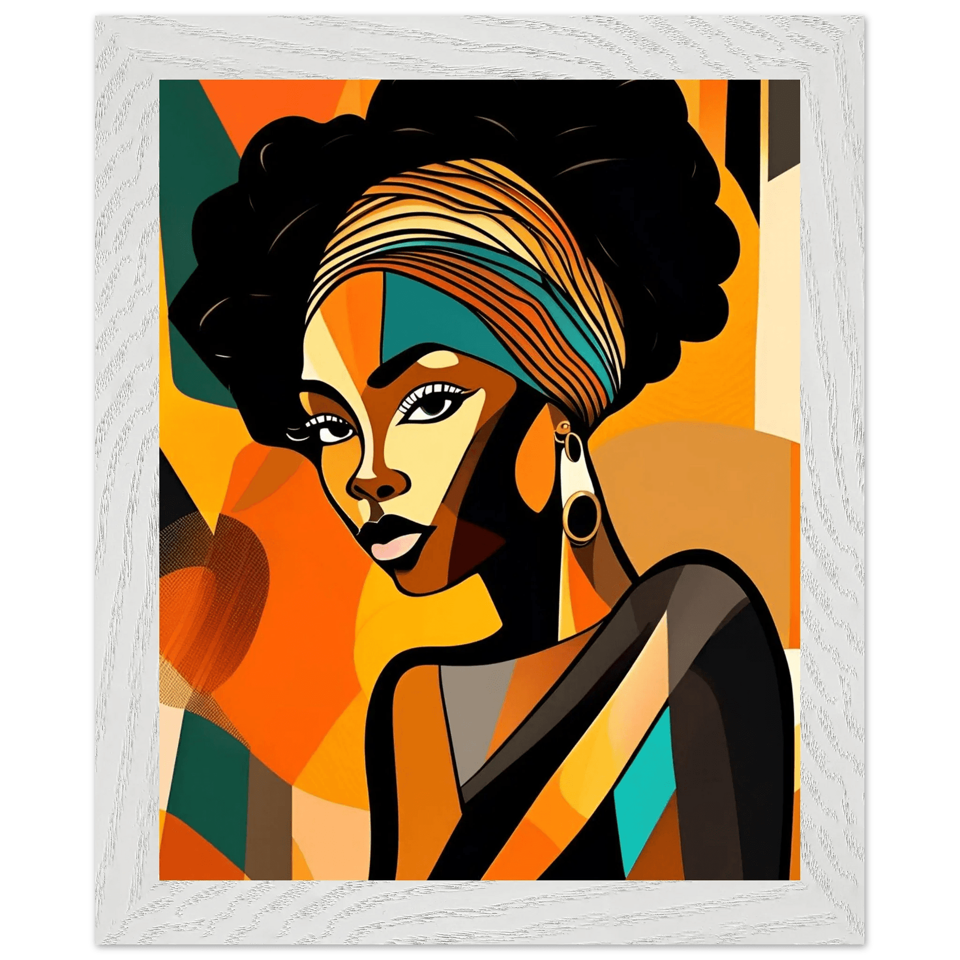 Framed portrait print of a woman with black curly hair, striped headwrap, hoop earrings