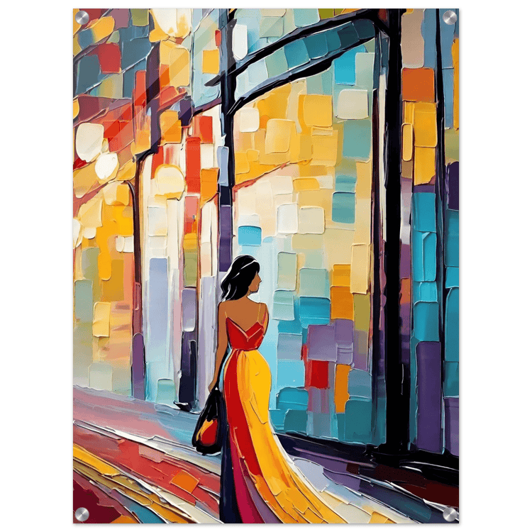 Colorful city figurative wall art with woman in red top and yellow dress under archway