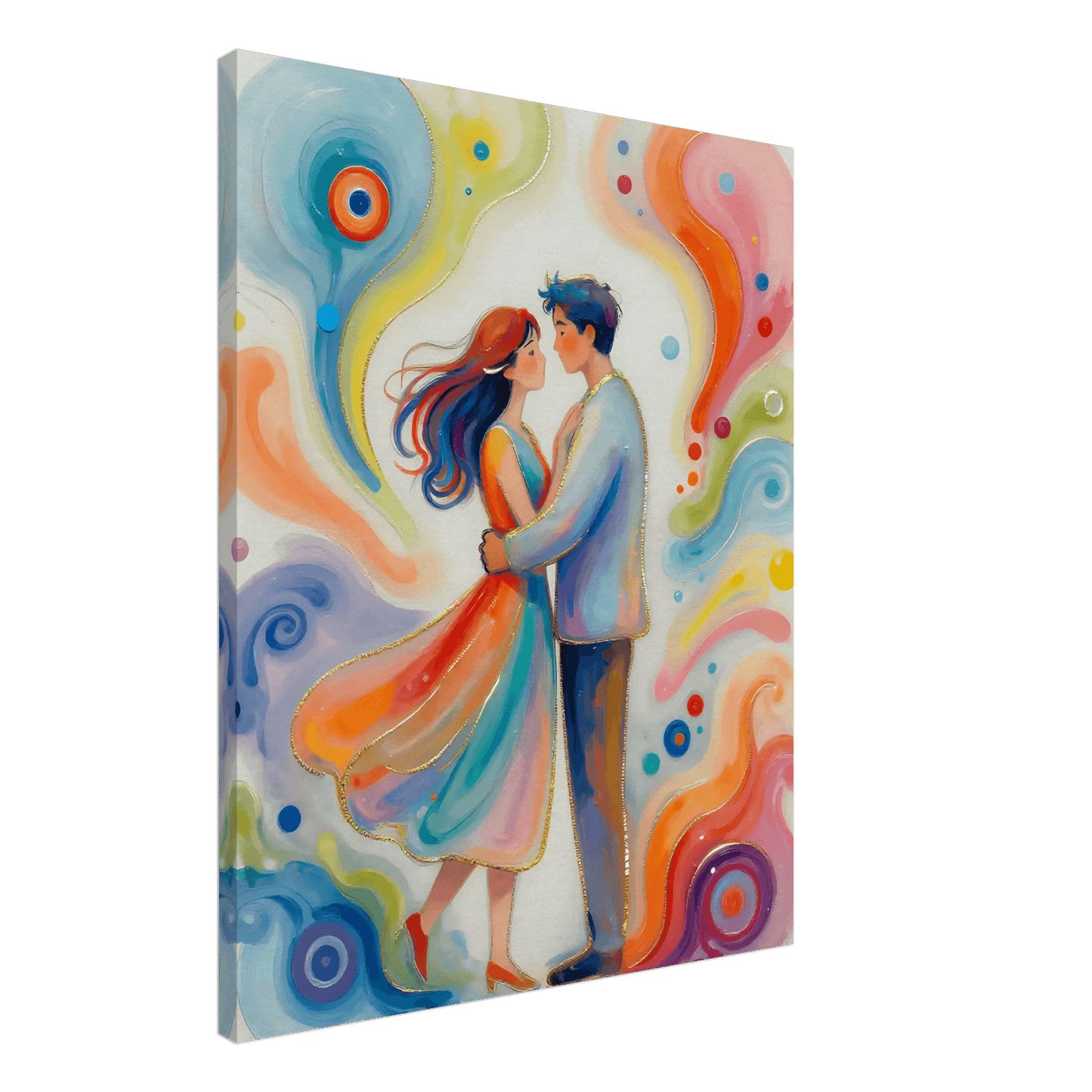 Canvas print of a romantic couple in colorful swirling abstract art, blue and orange accents