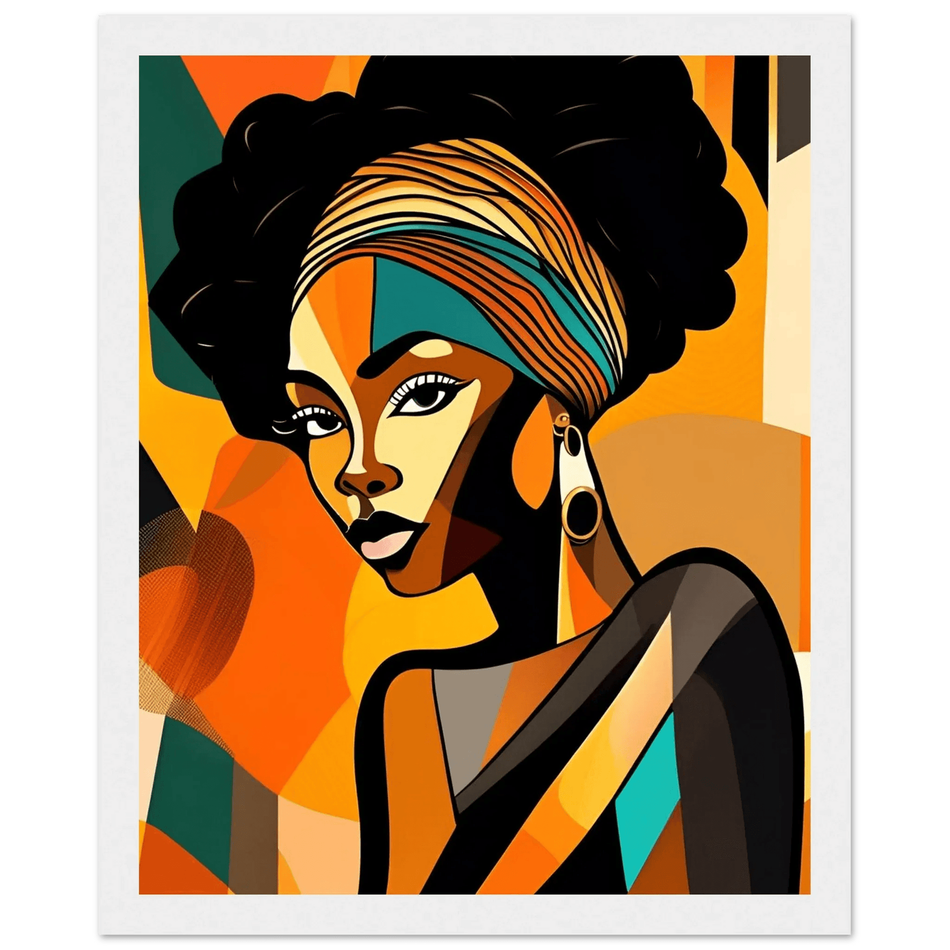 Framed wall art poster of a woman with patterned headwrap, white frame