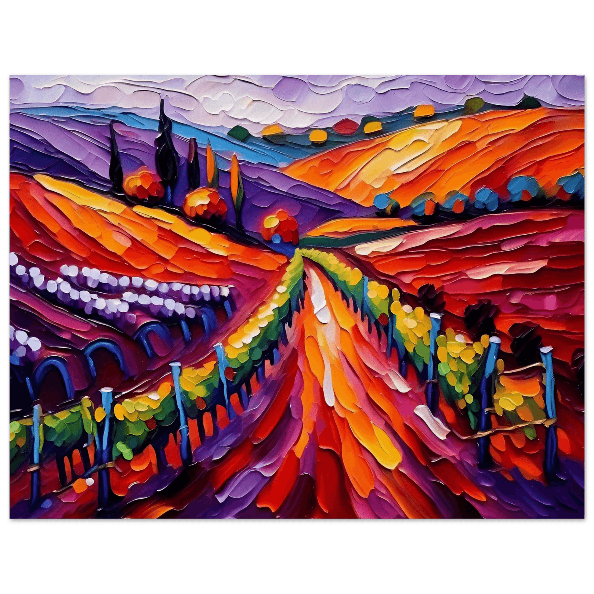 Framed vineyard landscape wall art with sweeping orange ridge, purple landscape, and vine rows