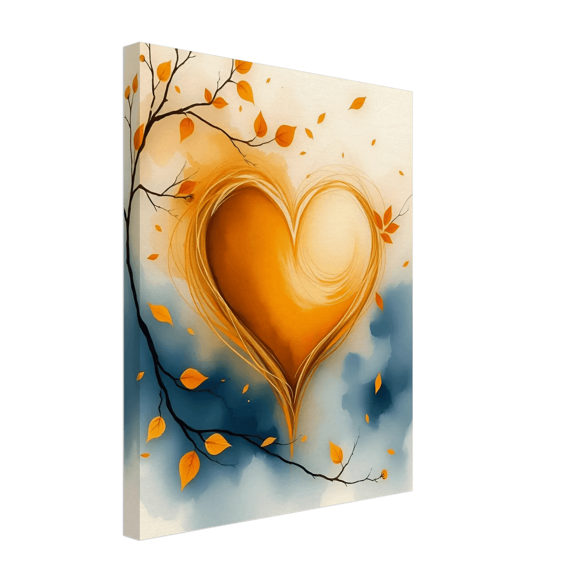 Canvas gallery wrap watercolor heart painting with orange glow, cream swirl, and autumn leaf clusters.