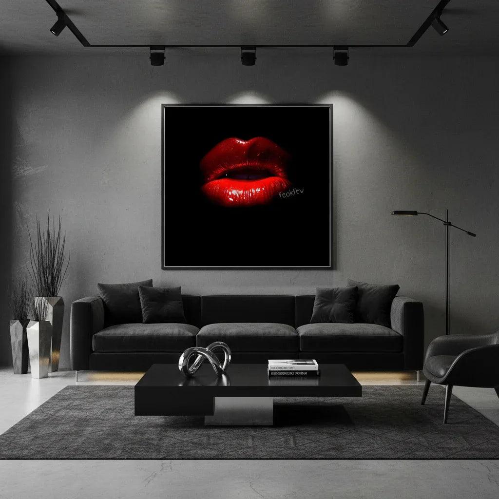 Framed wall art featuring glossy red lips on black background, black frame