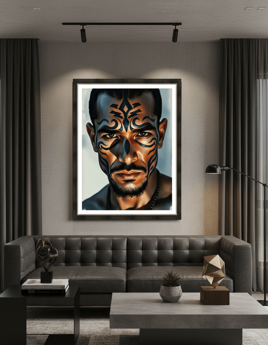 Framed tribal face portrait artwork of a man with blue and orange stylized markings.