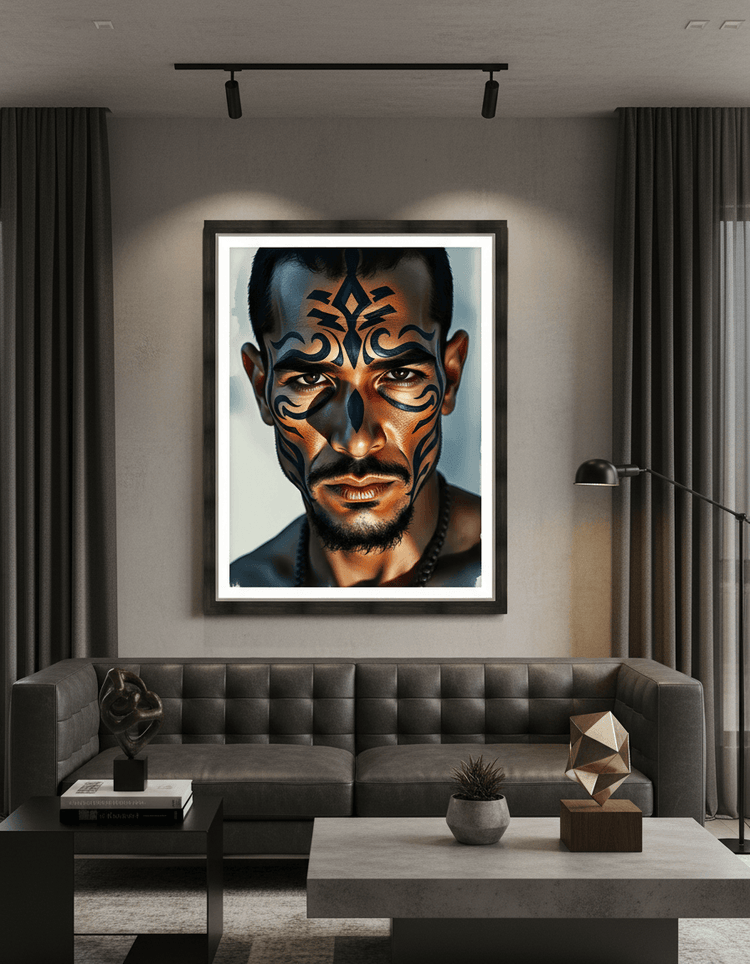 Framed tribal face portrait artwork of a man with blue and orange stylized markings.