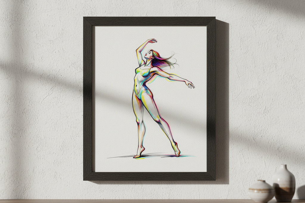 Dark framed colorful ballerina wall art print, dancer with flowing multicolor hair