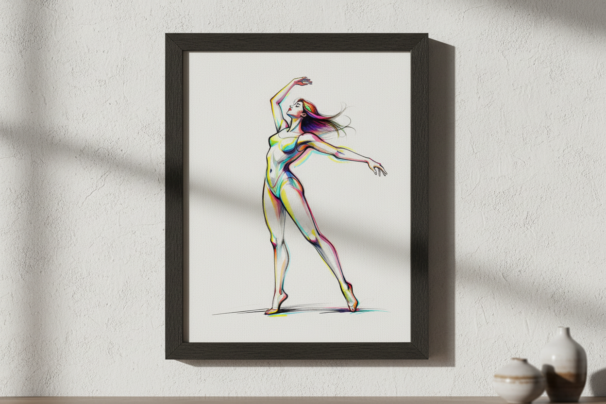 Dark framed colorful ballerina wall art print, dancer with flowing multicolor hair