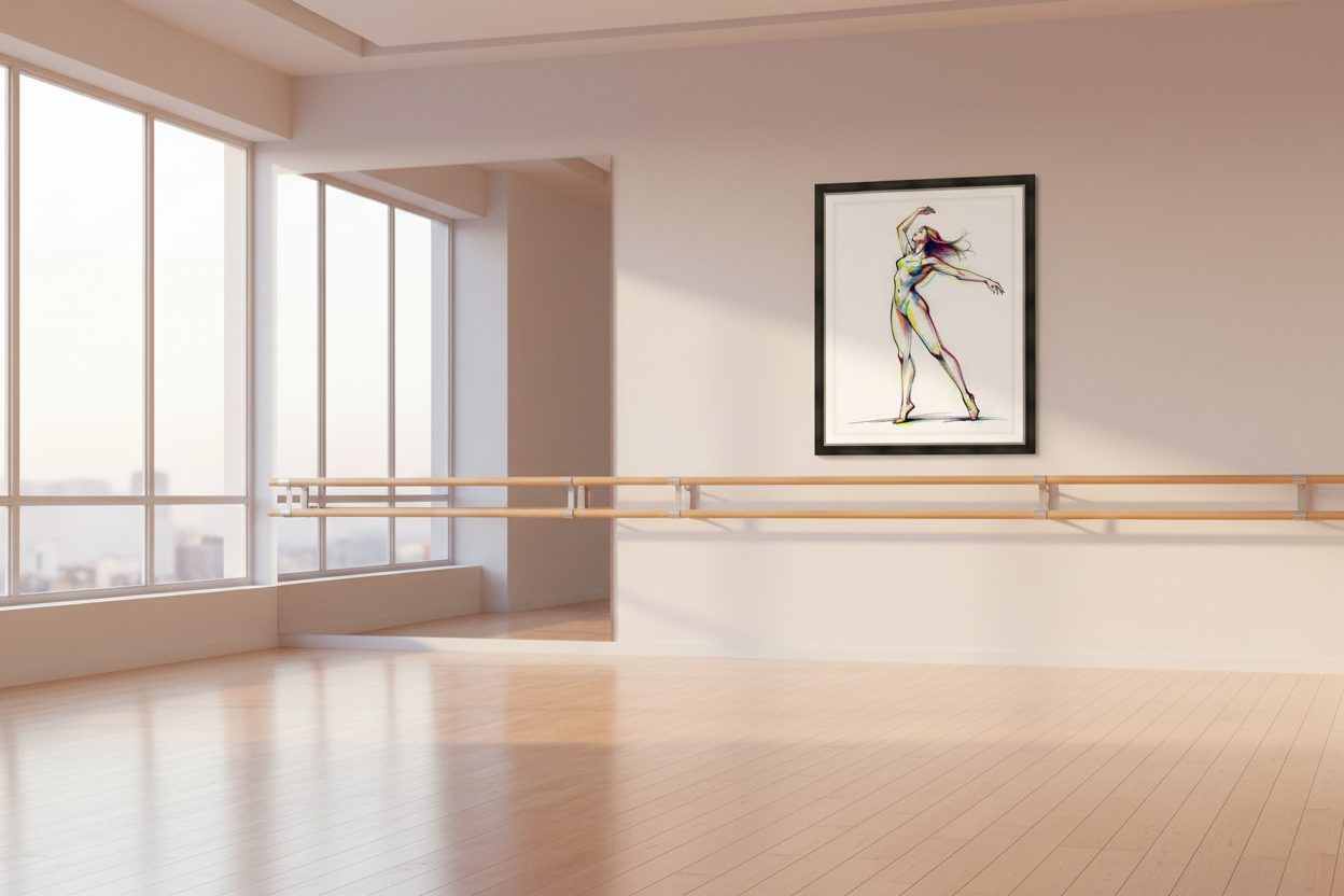 Framed colorful ballerina wall art print, standing dancer with arms extended