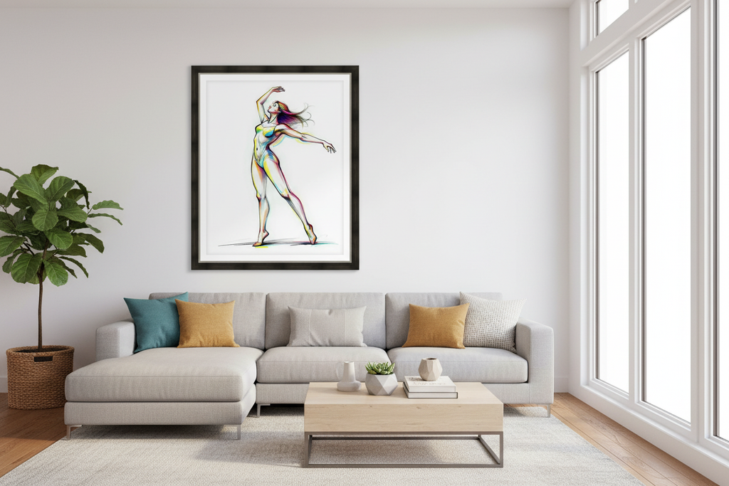 Framed colorful ballerina wall art print, dancer posing with one arm raised