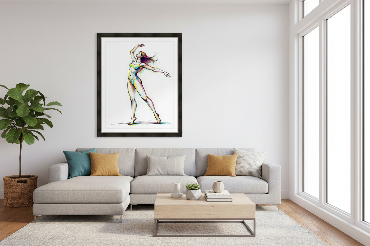 Framed colorful ballerina wall art print, dancer posing with one arm raised