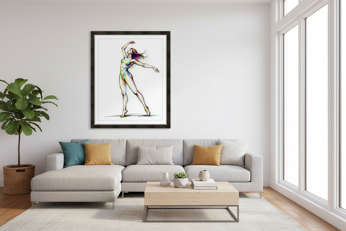 Framed colorful ballerina wall art print, dancer posing with one arm raised