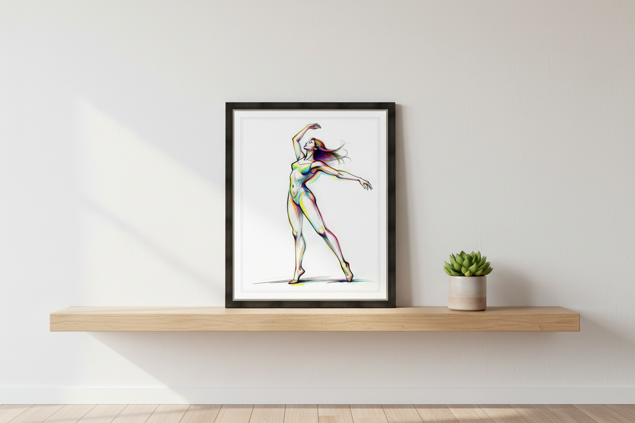Framed colorful ballerina wall art print on shelf, full-body dancer in motion