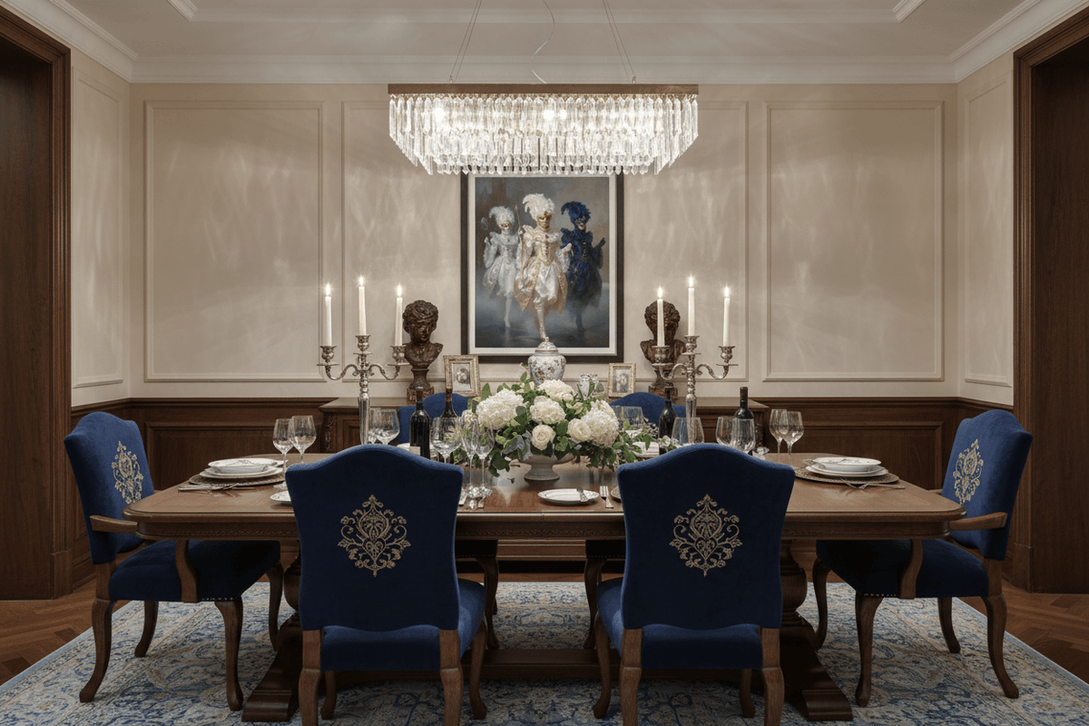Masquerade trio framed artwork featuring three masked dancers in white, gold, and blue
