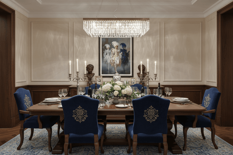 Masquerade trio framed artwork featuring three masked dancers in white, gold, and blue