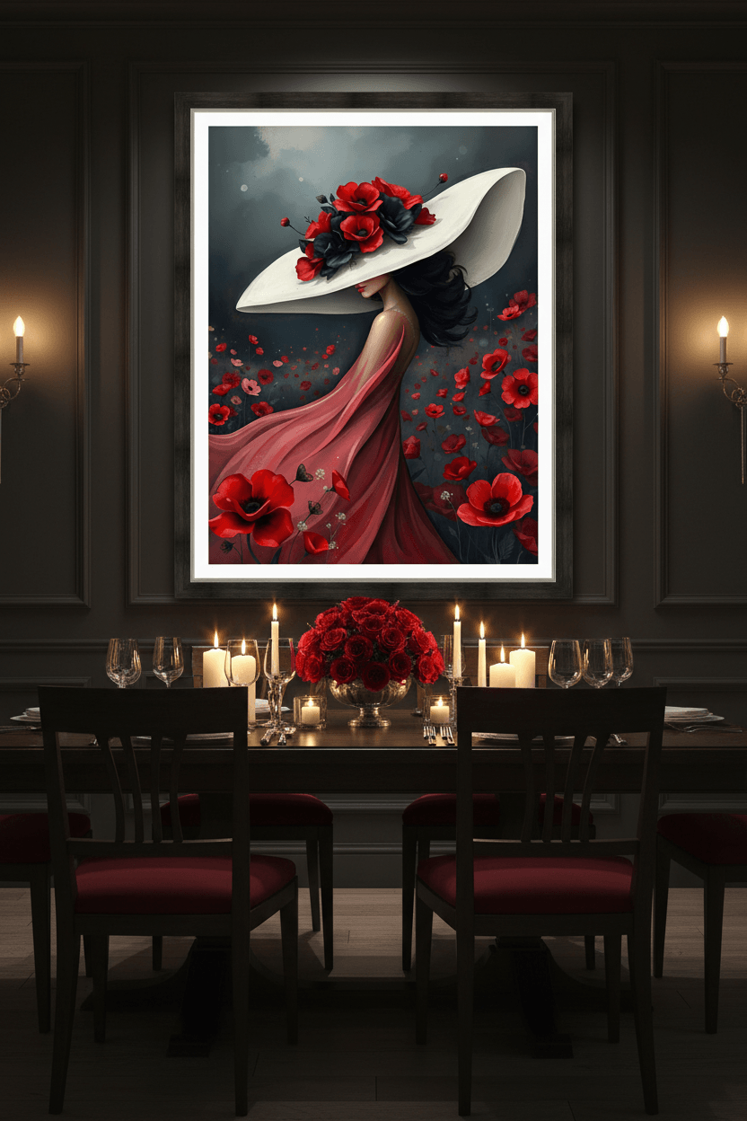 Framed portrait artwork: woman in a white hat with red poppy flowers, flowing red gown