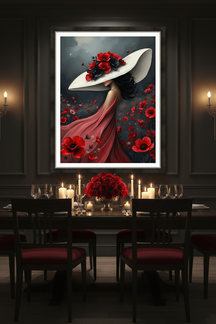 Framed portrait artwork: woman in a white hat with red poppy flowers, flowing red gown
