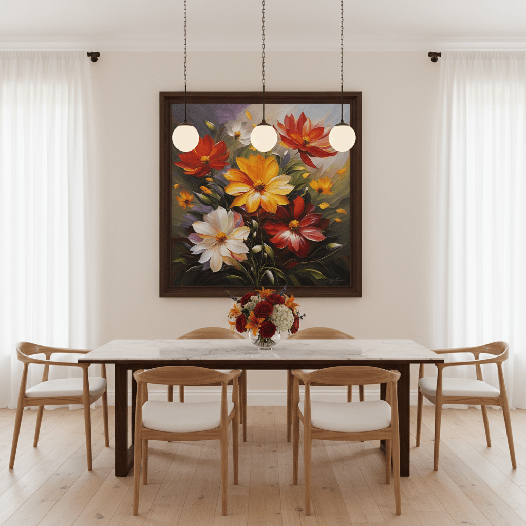 Framed floral wall art with red, orange, yellow, white flowers and green leaves in a bouquet.
